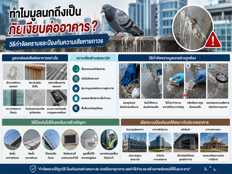ทำไมมูลนกถึงเป็นภัยเงียบต่ออาคาร? วิธีกำจัดคราบและป้องกันความเสียหายถาวร