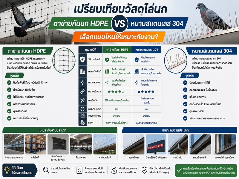เปรียบเทียบวัสดุไล่นก ตาข่ายกันนก- HDPE- vs- หนามสแตนเลส- 304- เลือกแบบไหนให้เหมาะกับงาน?